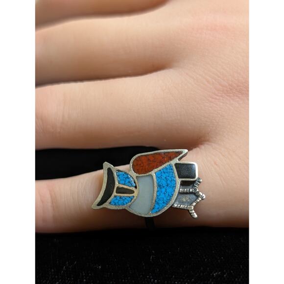 Vintage Native American Zuni Turquoise Sterling Silver Owl Inlay Ring Size 3.75 - Picture 3 of 7